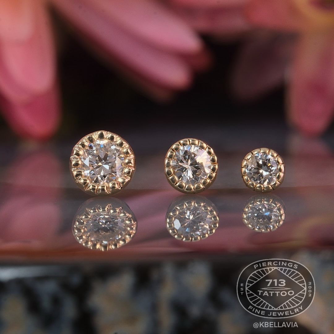 KIWI DIAMOND - MILGRAIN BEZEL END - SOLID GOLD - THREADLESS