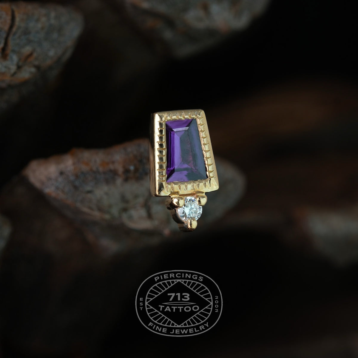 MODERN MOOD - LE 2026 #49 TAPERED BAGUETTE PURPLE SAPPHIRE WITH MILGRAIN BEZEL AND DIAMOND ACCENT - 14KT SOLID GOLD - THEADLESS END