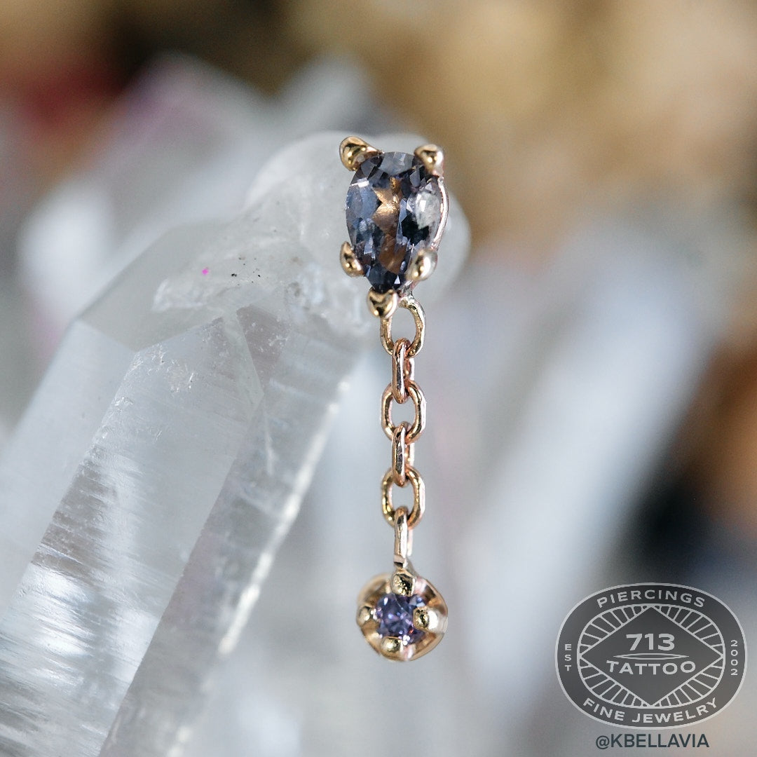 KIWI DIAMOND - PEAR PRONG DANGLE (3mm Pear Gem / 2mm Round Gem)- 14KT SOLID GOLD - THREADLESS END