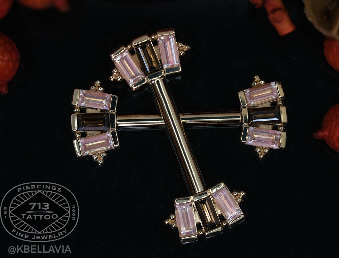 BVLA - 3 GEM STRAIGHT BAGUETTE PANARAYA - 14KT SOLID GOLD - BARBELL