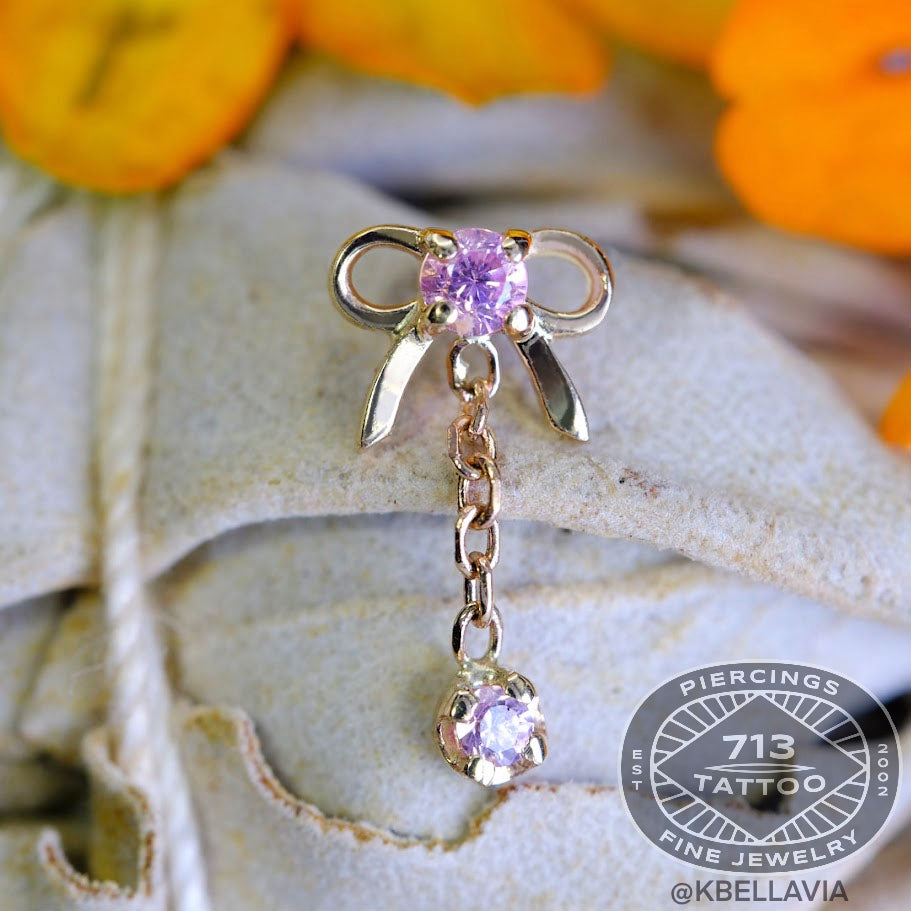 KIWI DIAMOND - BOW DANGLE END - 14KT SOLID GOLD - CZ - THREADLESS