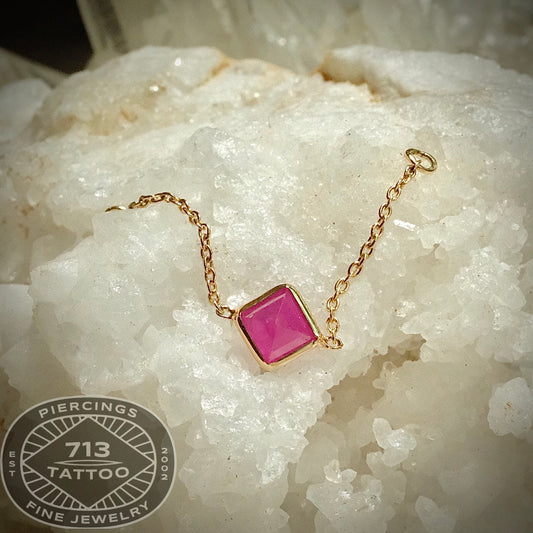 GOLDEN AROWANA- BEZEL SQUARE RUBY CHARM CHAIN 35MM - 14KT SOLID YELLOW GOLD - CHAIN
