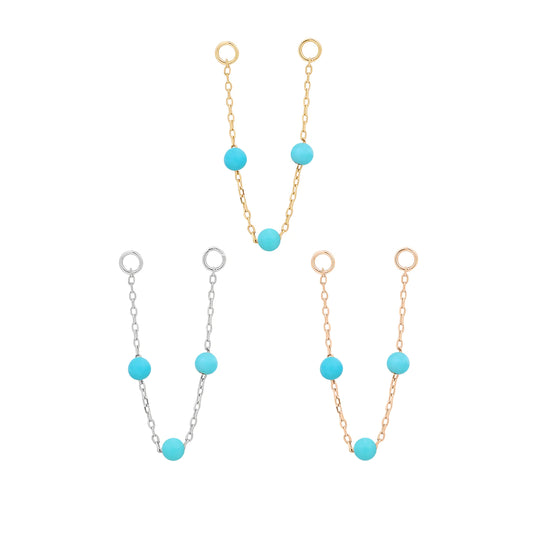 BUDDHA JEWELRY - 3 BEAD TURQUOISE CHAIN - 14KT SOLID GOLD