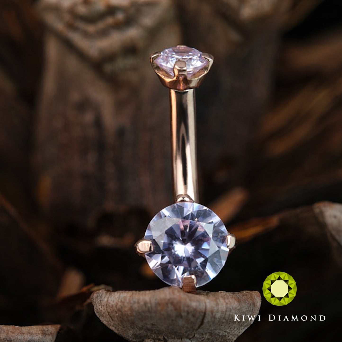 KIWI DIAMOND - NAVEL CURVE - PRONG SET (3MM X 5MM) 14g 1/4" - CURVED BARBELL - 14KT SOLID GOLD - THREADED