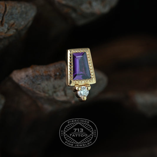 MODERN MOOD - LE 2026 #49 TAPERED BAGUETTE PURPLE SAPPHIRE WITH MILGRAIN BEZEL AND DIAMOND ACCENT - 14KT SOLID GOLD - THEADLESS END