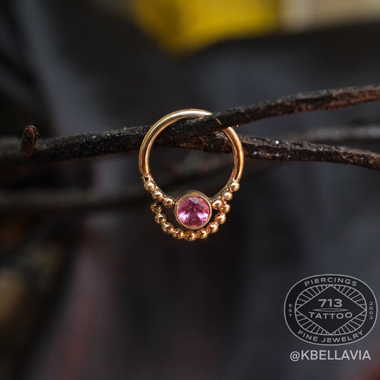 DUSK BODY JEWELRY - PINK TOURMALINE BEADED - 14KT YELLOW GOLD -SEAM RING