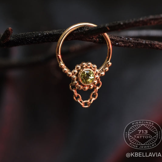 DUSK BODY JEWELRY - BEADED RING + BEZEL PERIDOT + CHAIN - 14KT SOLID GOLD - SEAM RING