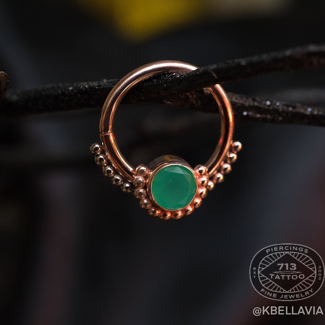 DUSK BODY JEWELRY - BEZEL CHRYSOPRASE + BEADED - 14KT SOLID ROSE GOLD - SEAM RING