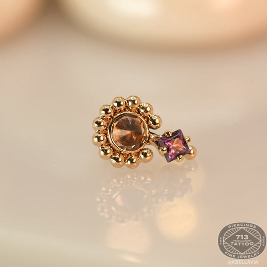 DUSK BODY JEWELRY - REVERSE SET SMOKY QUARTZ / SQ VIOLIC TOPAZ 12 YG BEADS - 14KT SOLID GOLD- THREADLESS END