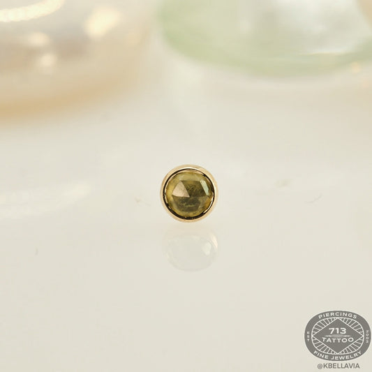 DUSK BODY JEWELRY - BEZEL 3mm R.C. PERIDOT - 14KT SOLID GOLD - THREADLESS END