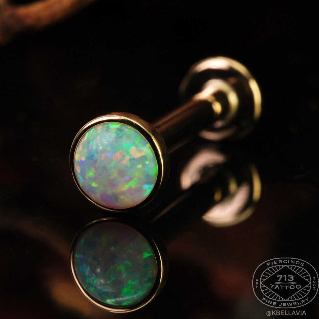 KIWI DIAMOND - FIXED DISK BACK LABRET WITH 5MM CABOCHON (12g 9/16") - 14KT SOLID GOLD