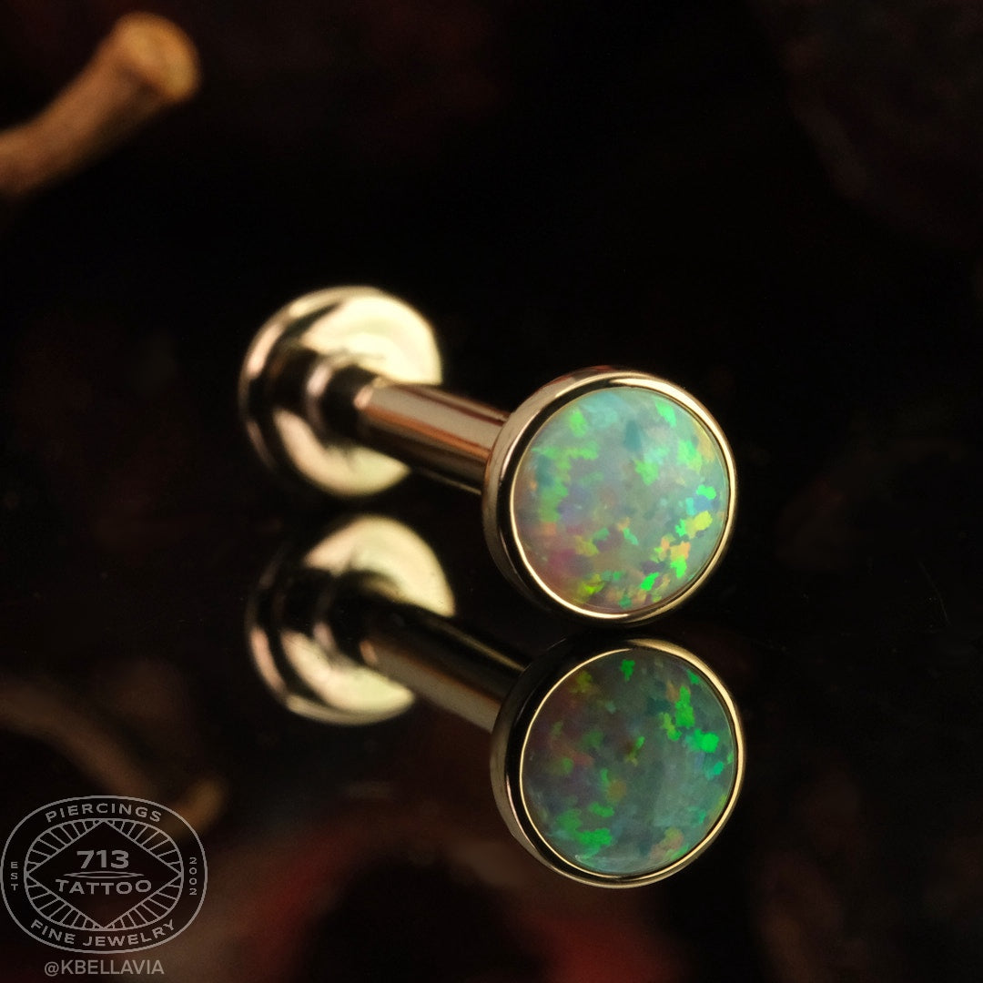KIWI DIAMOND - FIXED DISK BACK LABRET WITH 5MM CABOCHON (12g 9/16") - 14KT SOLID GOLD