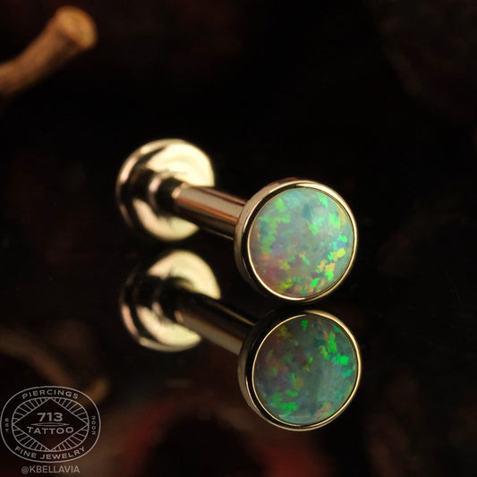 KIWI DIAMOND - FIXED DISK BACK LABRET WITH 5MM CABOCHON (12g 9/16") - 14KT SOLID GOLD