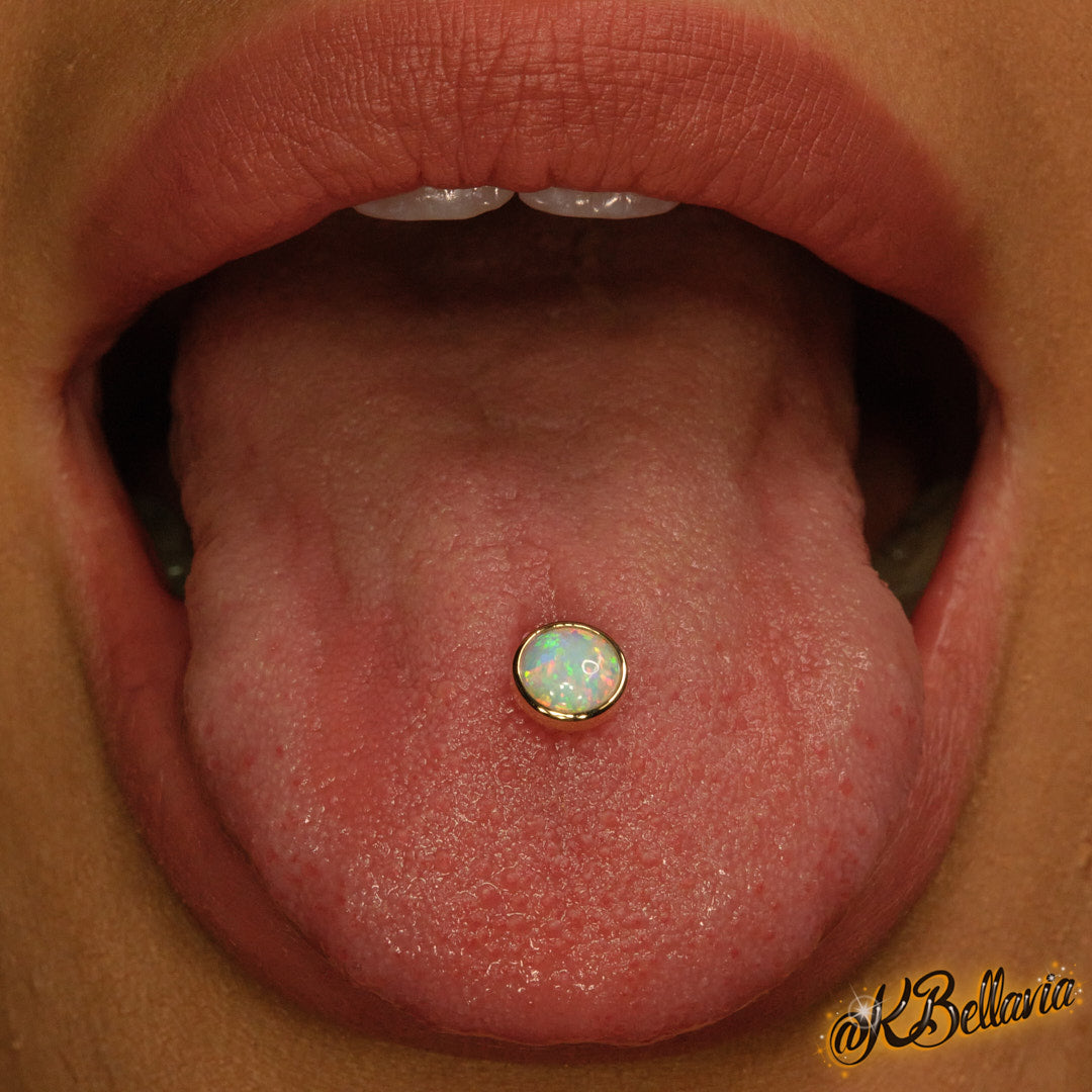 KIWI DIAMOND - FIXED DISK BACK LABRET WITH 5MM CABOCHON (12g 9/16") - 14KT SOLID GOLD