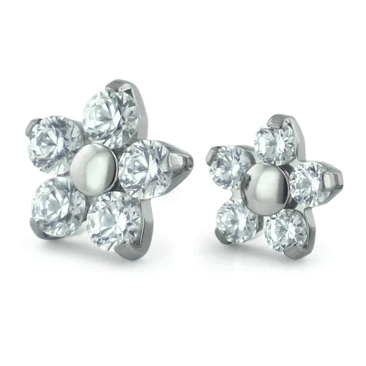 NeoMetal - FLOWER - WHITE CUBIC ZIRCONIA - Titanium - Gem 1.5mm, or 2mm - THREADLESS END