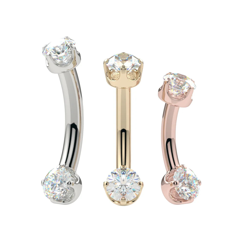 KIWI DIAMOND - 3X3 PRONG-SET CURVED BARBELL - 14KT SOLID GOLD - THREADED - CURVED BARBELL