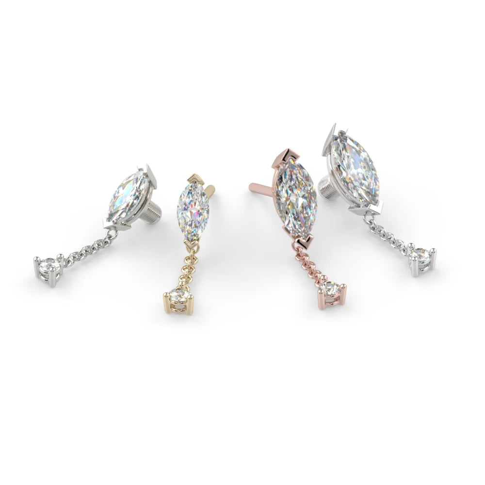 KIWI DIAMOND - PRONG-SET MARQUISE DANGLE (3mm x 1.5mm) - 14KT SOLID GOLD - THREADLESS END