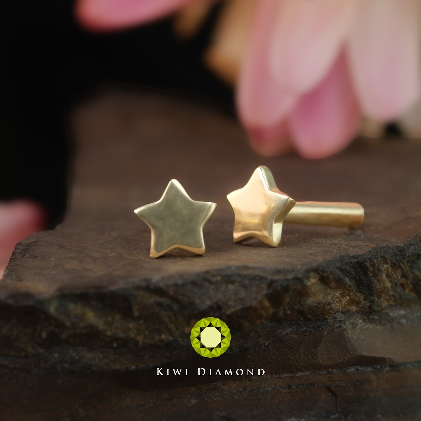 KIWI DIAMOND - STAR SHAPED BACKING - 16G - 14KT SOLID GOLD - THREADLESS POST