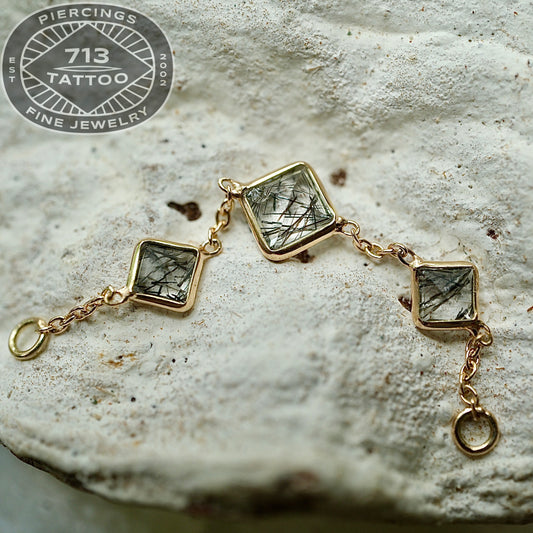 GOLDEN AROWANA- TRIPLE BEZEL SQUARE TOURMALATED QUARTZ CHARM CHAIN 40MM - 14KT SOLID YELLOW GOLD - CHAIN