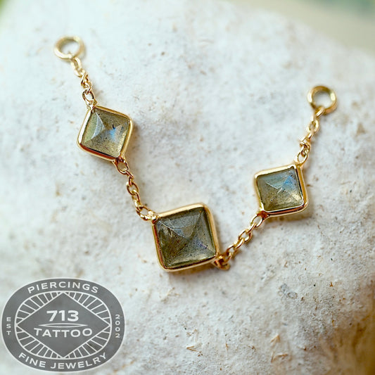 GOLDEN AROWANA- TRIPLE BEZEL SQUARE LABRADORITE CHARM CHAIN 40MM - 14KT SOLID YELLOW GOLD - CHAIN