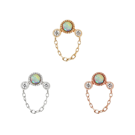 BUDDHA JEWELRY - HALSTON - GENUINE OPAL + CZ + CHAIN - 14KT SOLID GOLD - THREADLESS END