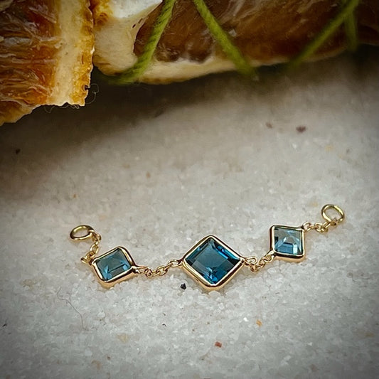 GOLDEN AROWANA  - Triple Blue Topaz Square Bezel Chain - 35mm - 14kt Solid Gold