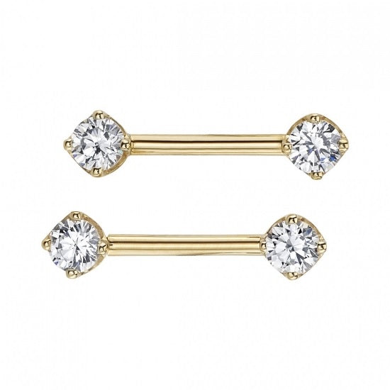 BVLA - NIPPLE BARBELL - PRONG SET - WHITE CZ - 14KT SOLID GOLD - THREADED