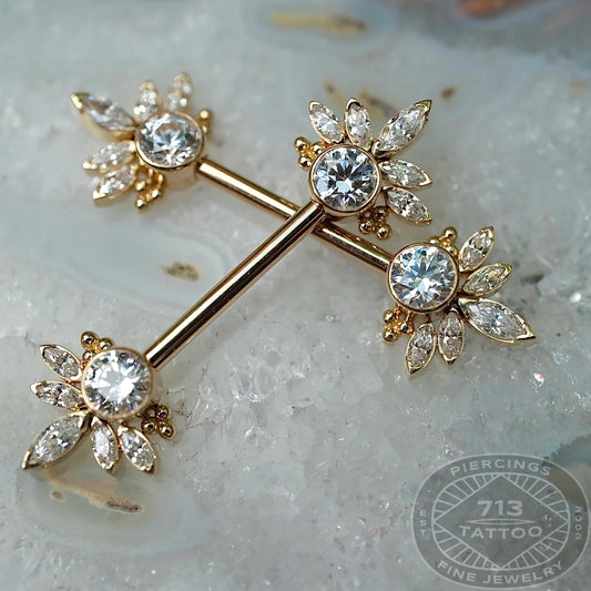 LEROI - MARCELINE - 12 GAUGE - NIPPLE BARBELLS - WHITE CZ - 14KT SOLID GOLD - THREADED BARBELL