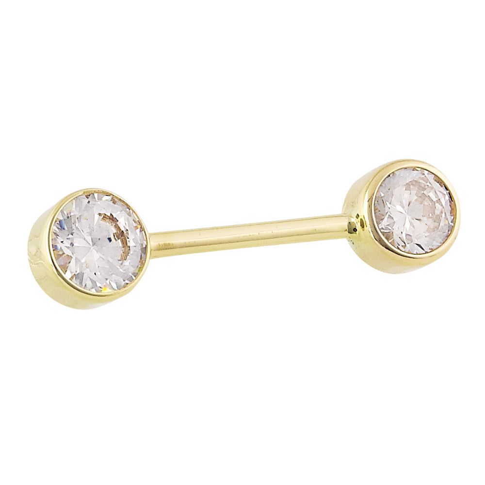 BODY GEMS - BARBELL WITH 5MM BEZEL GEMS- 12g 1/2"- 14KT SOLID GOLD - THREADED